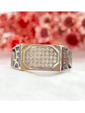 Men's Pave Cluster Cutout Frame CZ Sterling Silver 925 Vintage Ring - sz 10